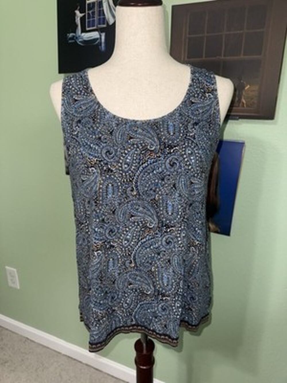 J Jill Wearever Womens Medium Petite Blue Paisley Tank Top Scoop Neck